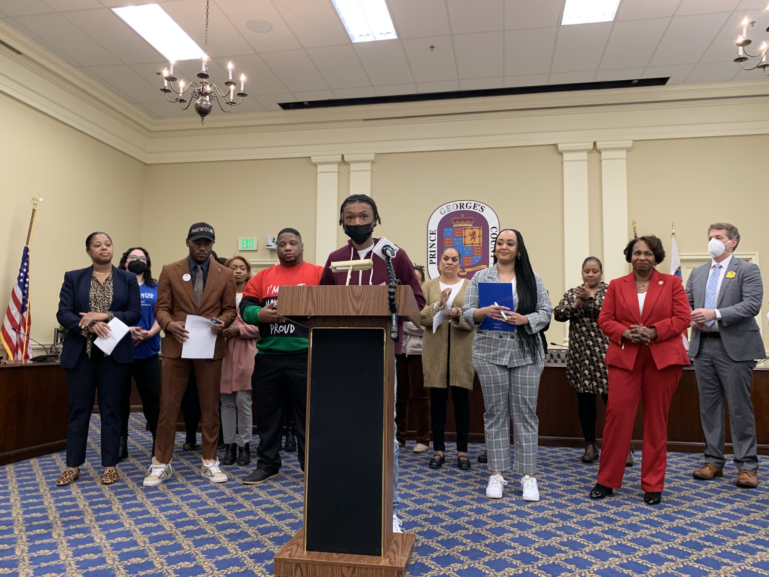 Group of advocates and Maryland residents gather at a press conference in Annapolis about a bill to end police stops and searches. Photo credit: Meredith Curtis Goode.