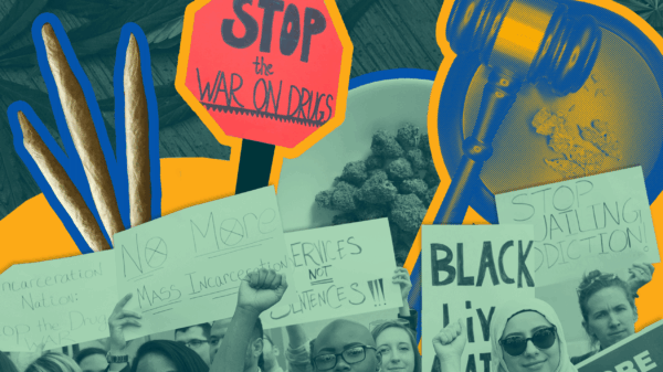 Collage with group photo of protesters advocating for the end of the "war on drugs." The center is a Black person with their fist raised, looking at the camera. The protesters are holding signs. Cutouts of marijuana are in the image.