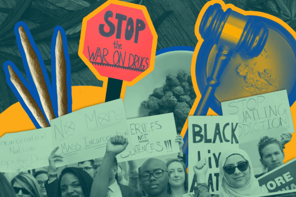 Collage with group photo of protesters advocating for the end of the "war on drugs." The center is a Black person with their fist raised, looking at the camera. The protesters are holding signs. Cutouts of marijuana are in the image.