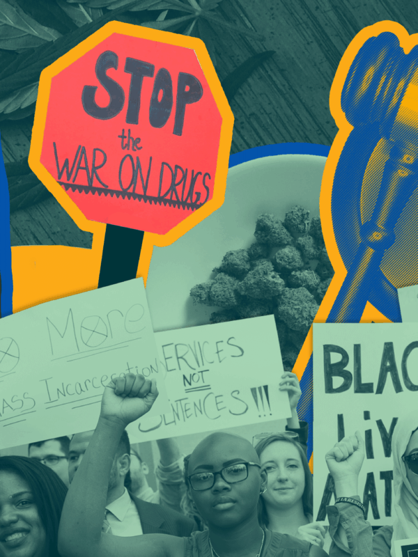 Collage with group photo of protesters advocating for the end of the "war on drugs." The center is a Black person with their fist raised, looking at the camera. The protesters are holding signs. Cutouts of marijuana are in the image.