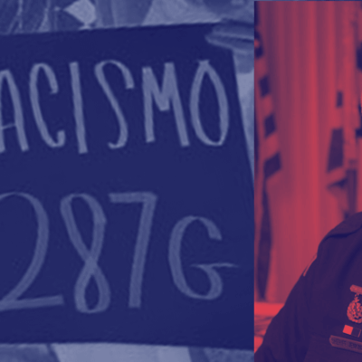 Left side has a sign that says, "No Racismo, No 287g." The right side has a picture of Sheriff Chuck Jenkins.