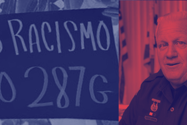 Left side has a sign that says, "No Racismo, No 287g." The right side has a picture of Sheriff Chuck Jenkins.
