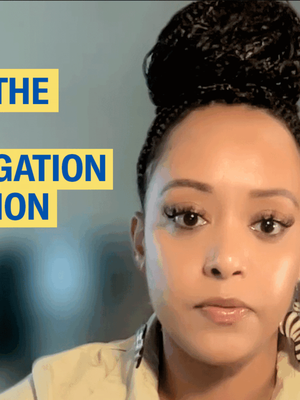 Yanet Amanuel is looking at the camera. She is a Black woman with latte colored skin and has her hair in braids in a bun on top of her head. The words say, "What is the Child Interrogation Protection Act?" The ACLU of Maryland logo is on the bottom left.