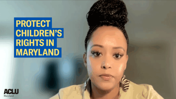 Protect children's rights in Maryland. Yanet Amanuel is pictured on the right of the image with a blurred background. She is a Black woman with latte skin town. Her hair is pulled up in a bun of small braids. She is wearing eaarings and a creamy top.
