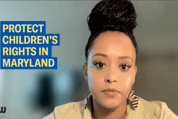 Protect children's rights in Maryland. Yanet Amanuel is pictured on the right of the image with a blurred background. She is a Black woman with latte skin town. Her hair is pulled up in a bun of small braids. She is wearing eaarings and a creamy top.