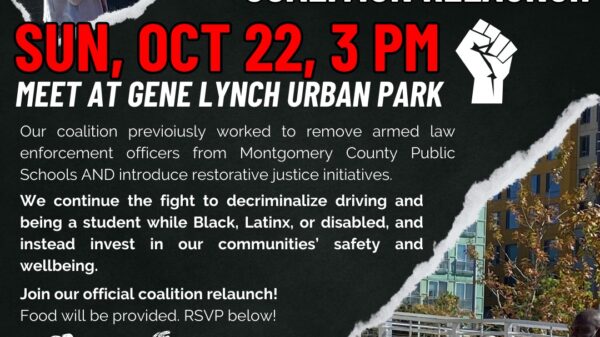 Decriminalize Montgomery County Coalition Relaunch rally flyer. October 22, 2023, at 3pm in Gene Lynch Urban Park in Silver Spring, Maryland. Image shows activists gathered at a rally, holding signs and a megaphone. RSVP.