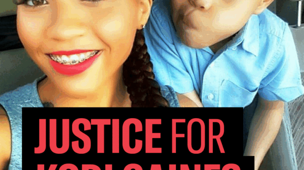 Justice for Kodi Gaines. Korryn Gaines, a Black woman with her hair in a braid, smiling, and wearing red lipstick, and her son Kodi, who is wearing a red hat and blue shirt, are taking a selfie and looking at the camera.