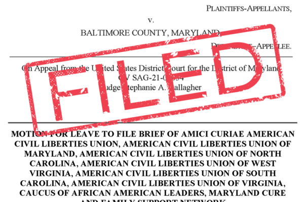 FILED stamp in red is over the first page of the PDF for an amicus brief in the U.S. Court of Appeals for the Fourth Circuit. ACLU of Maryland, ACLU of North Carolina, and other affiliates, filed an amicus brief to describe modern-day prison labor’s roots