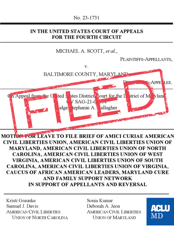 FILED stamp in red is over the first page of the PDF for an amicus brief in the U.S. Court of Appeals for the Fourth Circuit. ACLU of Maryland, ACLU of North Carolina, and other affiliates, filed an amicus brief to describe modern-day prison labor’s roots