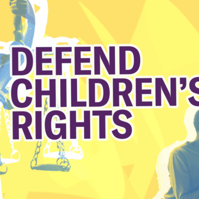 Defend Children's Rights! The legal justice scales statue is on the left side with a blue and yellow gradient. A Black parent with their Black child are in the bottom right corner, also with a blue and yellow gradient. The child has their head down.