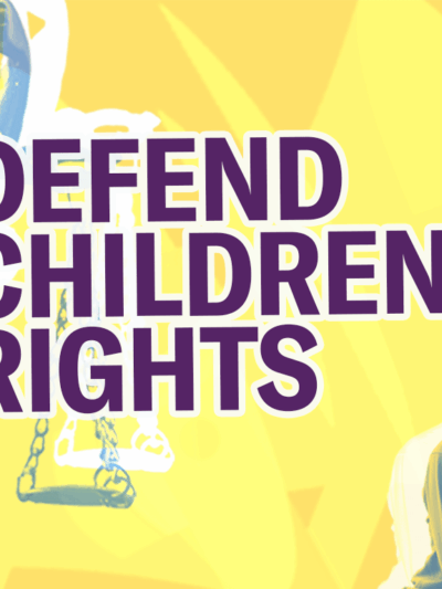Defend Children's Rights! The legal justice scales statue is on the left side with a blue and yellow gradient. A Black parent with their Black child are in the bottom right corner, also with a blue and yellow gradient. The child has their head down.