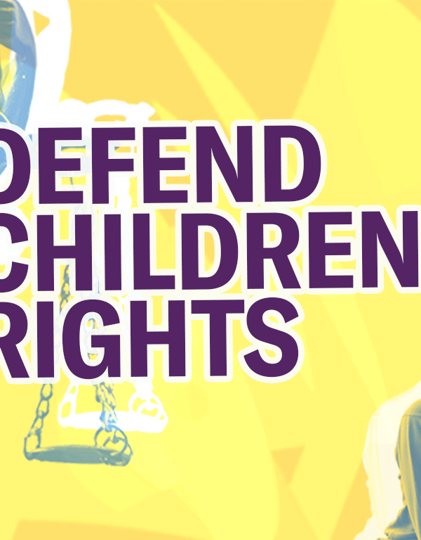 Defend Children's Rights! The legal justice scales statue is on the left side with a blue and yellow gradient. A Black parent with their Black child are in the bottom right corner, also with a blue and yellow gradient. The child has their head down.