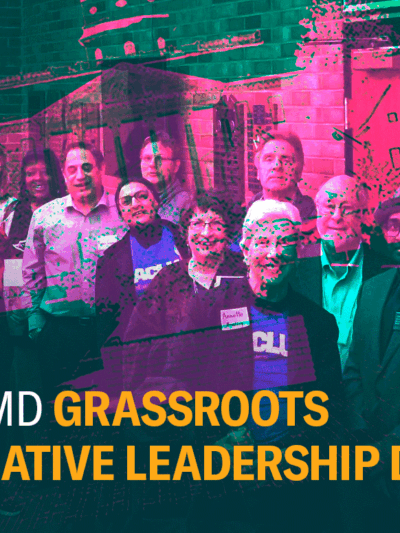 ACLU-MD Grassroots Legislative Leadership Day. Group photo from Lobby Day in 2022. There's a photo of the state house overtop with a pink overlay.