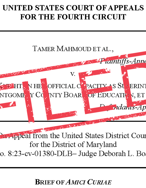 Page 1 of the amicus brief filed in the Mahmoud v. McKnight case amicus brief. There's a red FILED stamp over it.