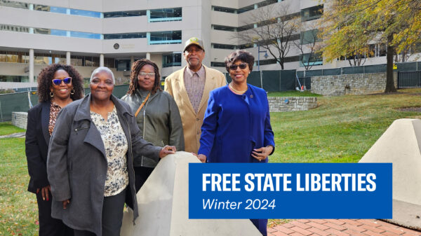Group of Black voting rights advocates in front of a courthouse in Federalsburg, Maryland. Free State Liberties newsletter, Winter 2024.