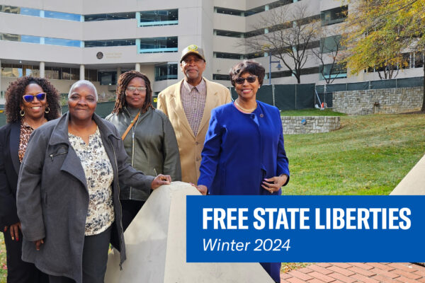 Group of Black voting rights advocates in front of a courthouse in Federalsburg, Maryland. Free State Liberties newsletter, Winter 2024.