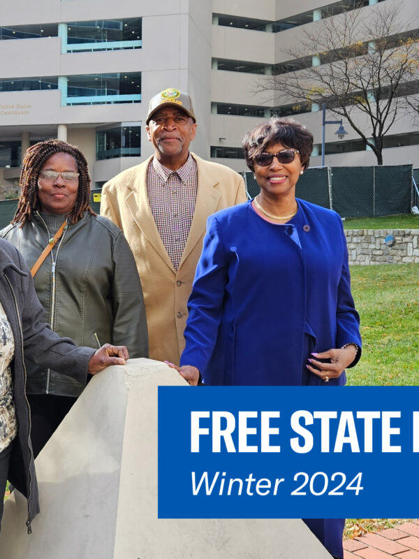 Group of Black voting rights advocates in front of a courthouse in Federalsburg, Maryland. Free State Liberties newsletter, Winter 2024.