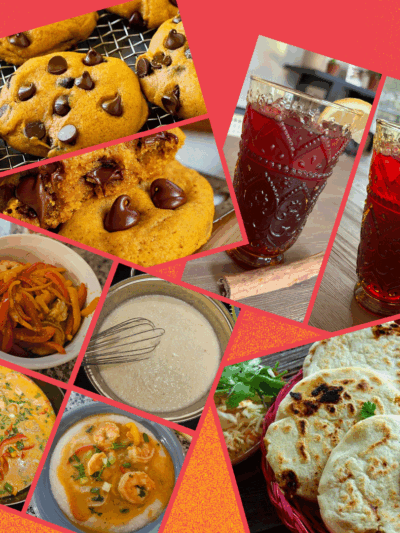 Collage of recipes over a sparkly red and orange gradient background.