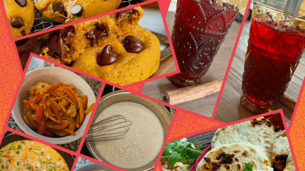 Collage of recipes over a sparkly red and orange gradient background.