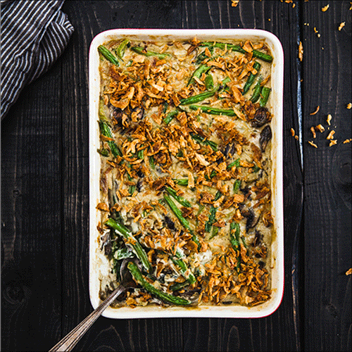 Casserole dish with green bean casserole from Post Punk Kitchen.
