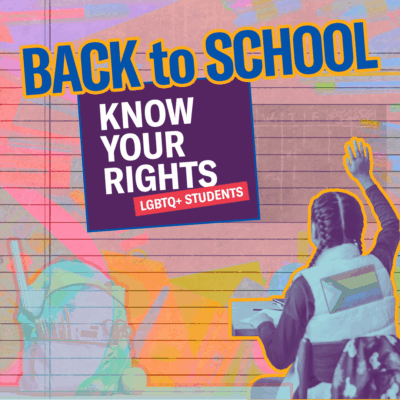 Collage image with a piece of paper with school supplies visible in bright but muted neon colors. There is a backpack cutout and a student facing away with their hand up sitting at a desk with a progress pride flag on their vest. Back to School Know Your