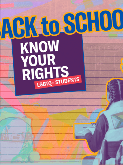 Collage image with a piece of paper with school supplies visible in bright but muted neon colors. There is a backpack cutout and a student facing away with their hand up sitting at a desk with a progress pride flag on their vest. Back to School Know Your