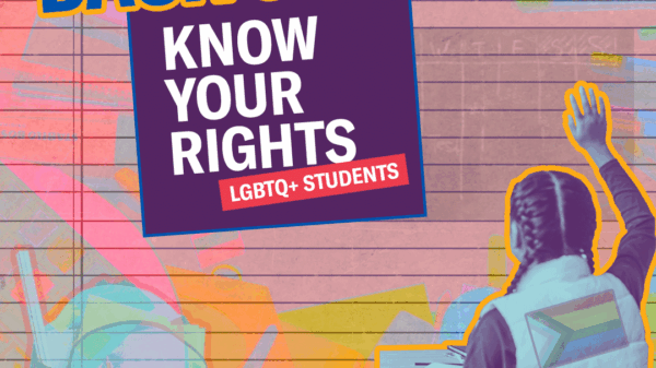 Collage image with a piece of paper with school supplies visible in bright but muted neon colors. There is a backpack cutout and a student facing away with their hand up sitting at a desk with a progress pride flag on their vest. Back to School Know Your