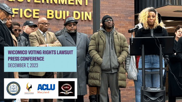 Wicomico Voting Rights Lawsuit Press Conference, December 7, 2023. Group of Black advocates and allies are gathered in front of a Wicomico County office building where they hold a press conference to annouce a voting rights lawsuit.