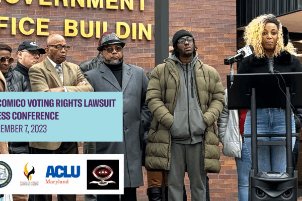 Wicomico Voting Rights Lawsuit Press Conference, December 7, 2023. Group of Black advocates and allies are gathered in front of a Wicomico County office building where they hold a press conference to annouce a voting rights lawsuit.