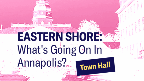 Annapolis State House with a white and pink gradient filter with text that says, "Eastern Shore: What's Going On In Annapolis? Town Hall."