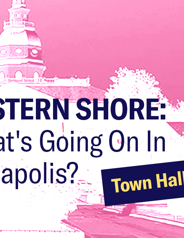 Annapolis State House with a white and pink gradient filter with text that says, "Eastern Shore: What's Going On In Annapolis? Town Hall."