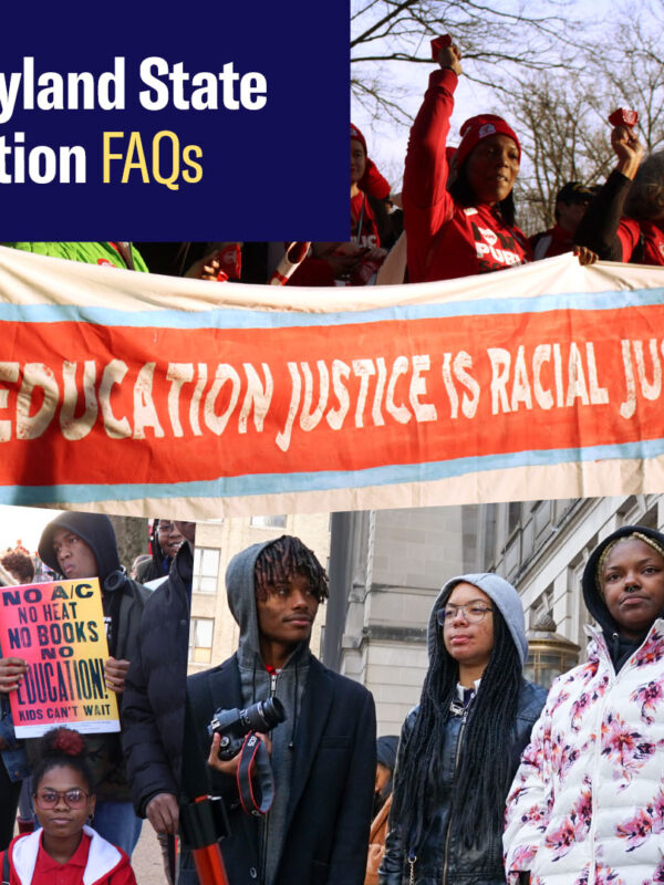 Bradford v. Maryland State Board of Education - Frequently Asked Questions. Collage of image from related court hearings and advocacy events in Annapolis. Logos for ACLU of Maryland and Legal Defense Fund.