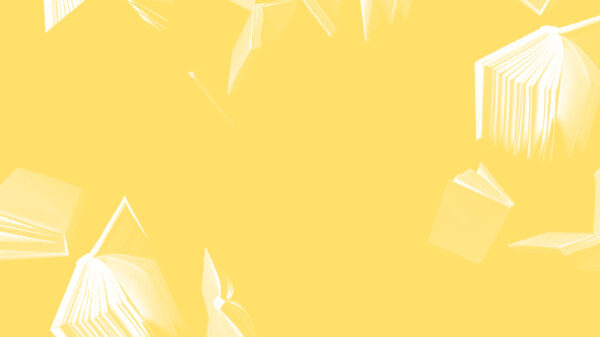 Yellow background with white books floating around.