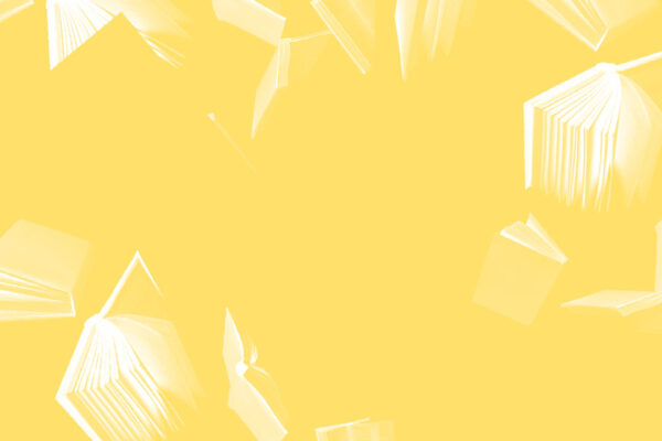 Yellow background with white books floating around.