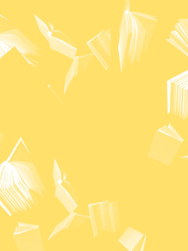 Yellow background with white books floating around.