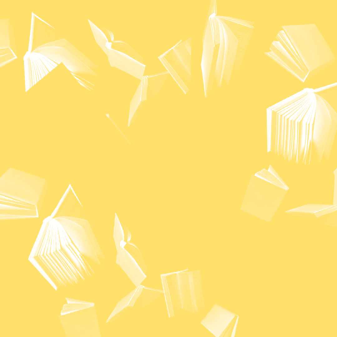 Yellow background with white books floating around.