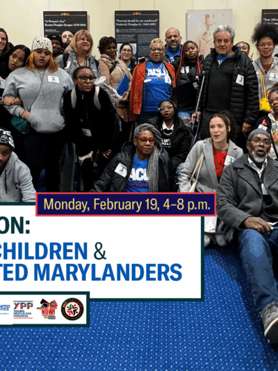 Day of Action: Justice for Children & Incarcerated Marylanders. Monday, February 19, 2024. Group photo of advocates and directly impacted Marylanders in Annapolis on Lobby Night for 2024 Maryland Legislative session.