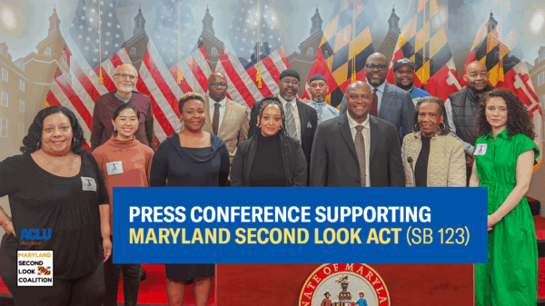 A group of advocates stand together at a press conference in Annapolis to call on the Maryland General Assembly to pass the Second Look Act (SB 123)