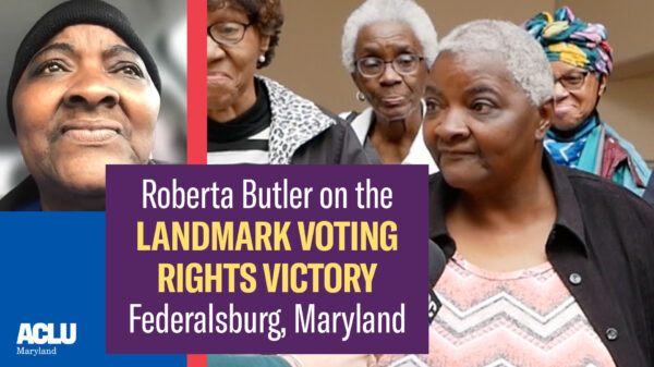 Roberta Butler on the Landmark Voting Rights Victory in Federalsburg, Maryland. Pictures of Roberta alone and in a group being interviewed by a reporter.