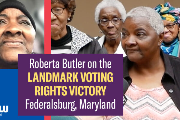 Roberta Butler on the Landmark Voting Rights Victory in Federalsburg, Maryland. Pictures of Roberta alone and in a group being interviewed by a reporter.