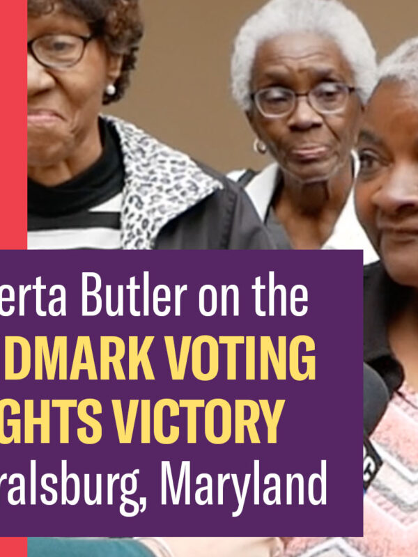 Roberta Butler on the Landmark Voting Rights Victory in Federalsburg, Maryland. Pictures of Roberta alone and in a group being interviewed by a reporter.