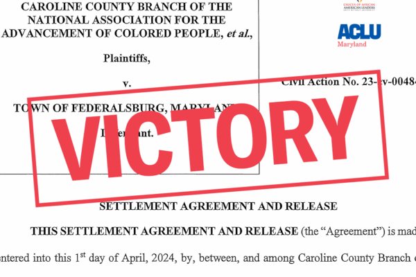 Victory stamp over the first page of the Caroline County v. Federalsburg lawsuit settlement.