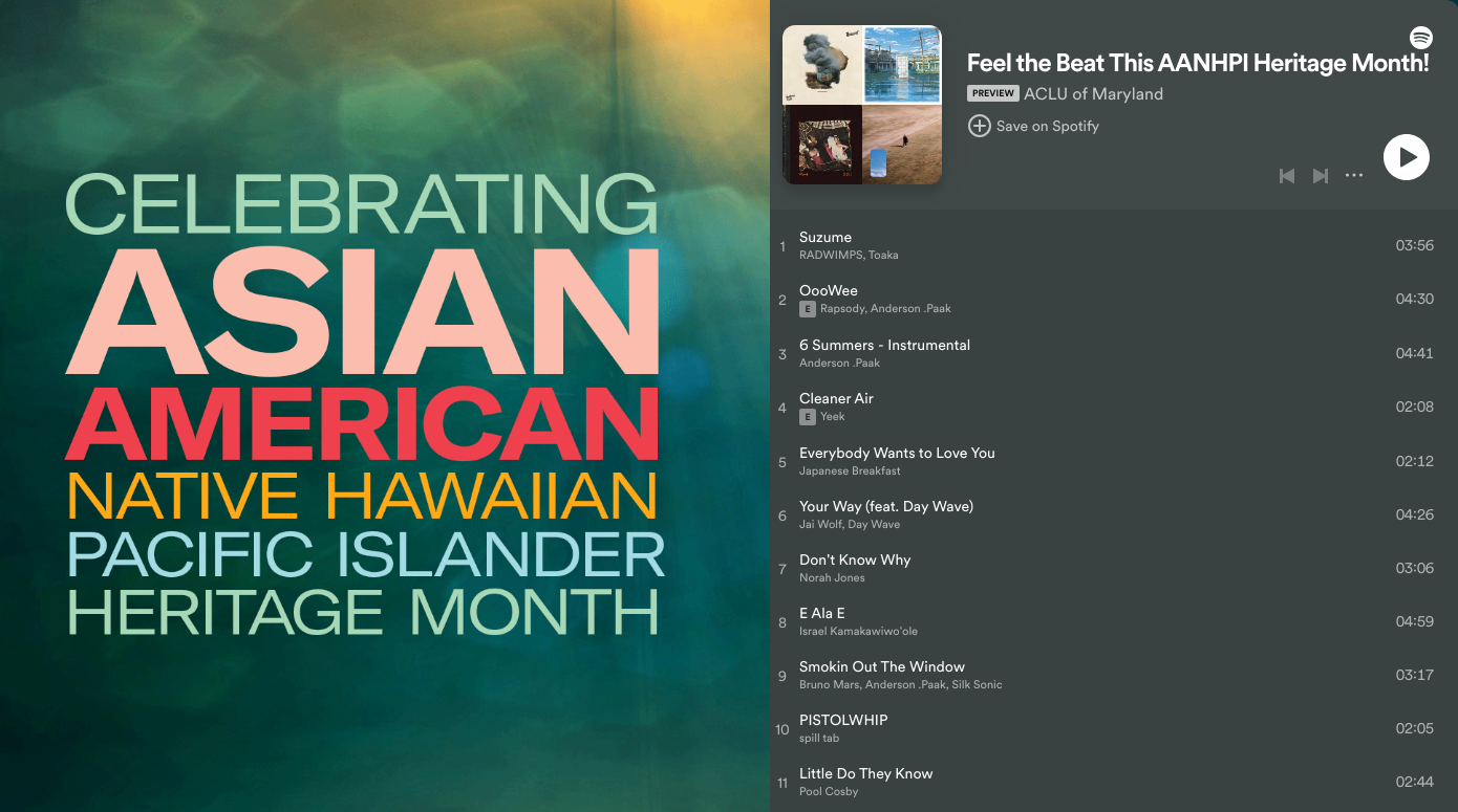 Celebrating Asian American Native Hawaiian Pacific Islander Heritage Month spotify playlist.