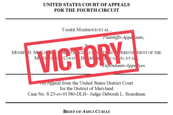 Victory stamp over first page of the filed amicus brief for the Mahmoud v. McKnight lawsuit.