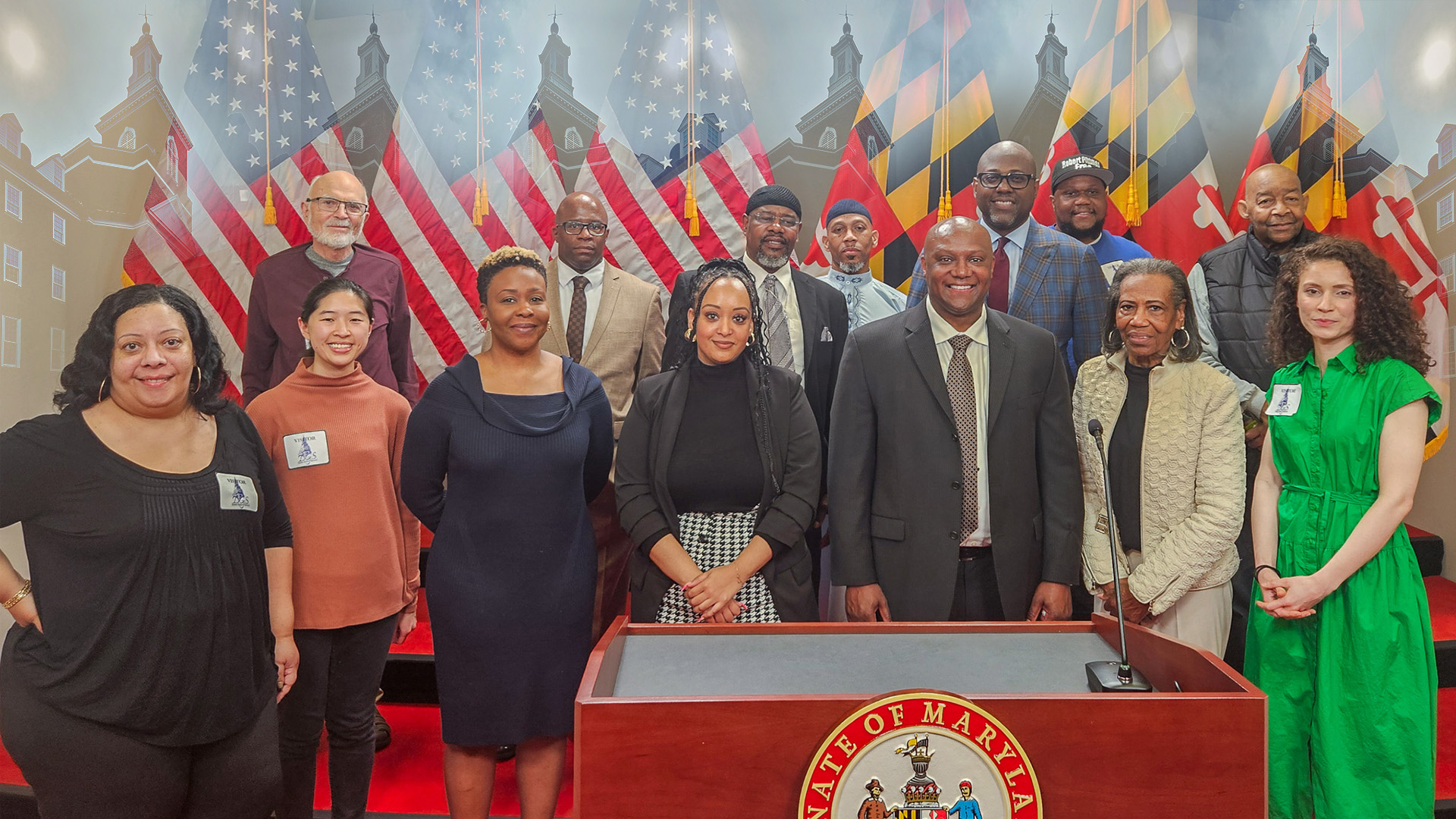 A group of advocates stand together at a press conference in Annapolis to call on the Maryland General Assembly to pass the Second Look Act (SB 123)