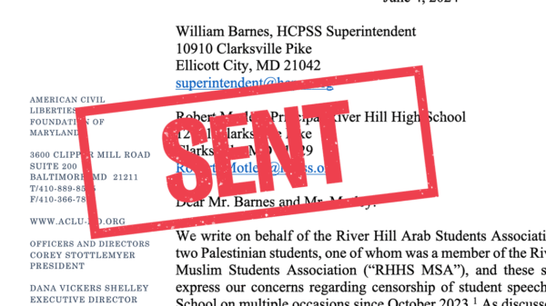 SENT stamp over first page of a letter sent to Howard County school system.