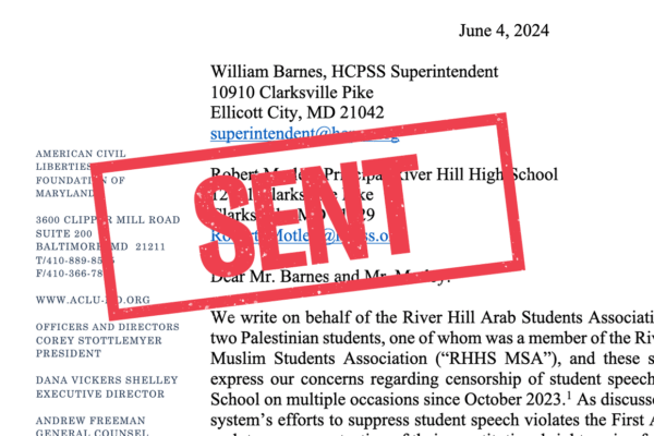 SENT stamp over first page of a letter sent to Howard County school system.