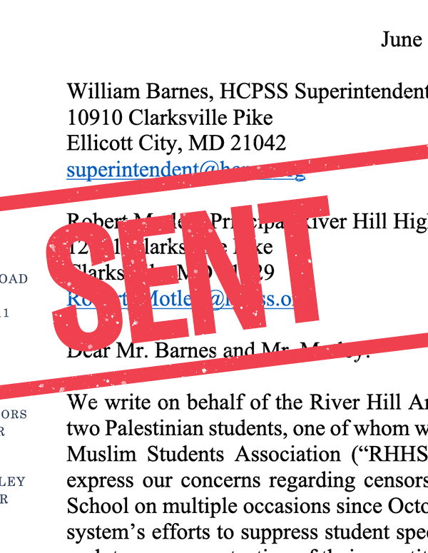 SENT stamp over first page of a letter sent to Howard County school system.