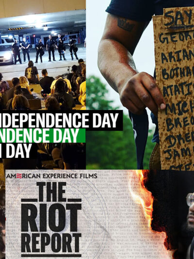 Juneteenth collage image with protest photos and a poster for the PBS documentary, "The Riot Report." Nehemiah Bester is in the photos and took the others.