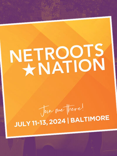 Netroots Nation conference logo. July 11, 2024 in Baltimore. Background has three parked Baltimore police cars.